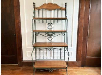 A Vintage Wrought Iron And Pine Bakers Rack