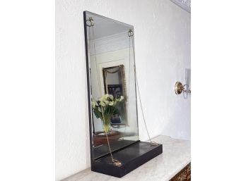 A Vintage Beveled Mirror With Shelf Below, Brass Hardware