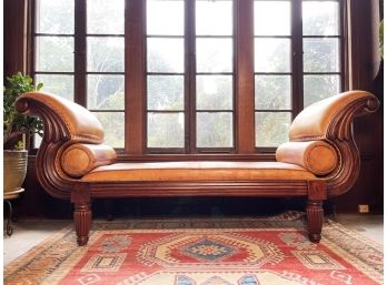 An Antique Mahogany Hall Bench In Custom Leather With Nailhead Trim