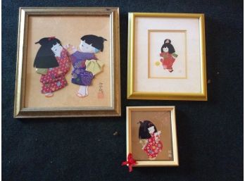 Three Framed Collages Depicting Children In Oriental Clothing