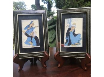 Pair Small Framed Persian Hand Painted Ivory Panels
