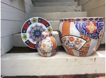 Porcelain Oriental Planter, Lidded Jar & Plate