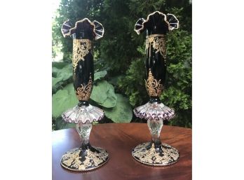 Beautiful Pair Vintage Amethyst & Gilt Fluted Glass Vases