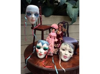 Two Vintage Barbie Dolls, Painted Masks & Two Doll Chairs