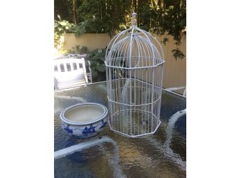 Small Wrought Iron Birdcage And Blue & White Bowl