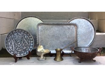 Group Of Metal Serving Trays, Bowls & Serving Pieces - Seven Pieces