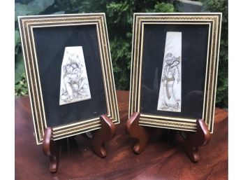 Pair Persian Framed Hand Painted  And Etchd Gold Irreguar Shaped Ivory Panels