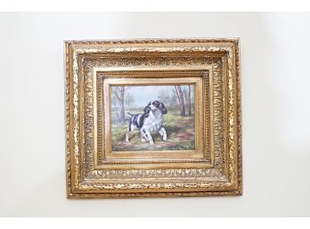 Decorative Oil On Canvas Depicting A Black And White Dog In A Landscape