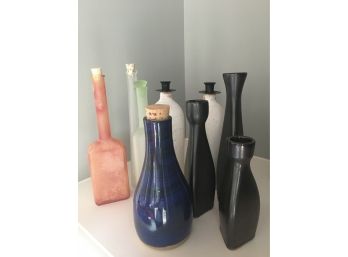 (9) Decorative Pottery And Glass Bottles And Vases.