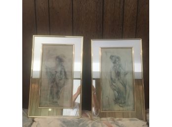 Pair Of Asian Theme Prints In A Mirrored Frame.