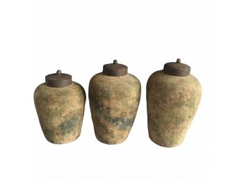 (3) Heavy Clay Vases With Cast Iron Lids From The Ethan Allen Store.