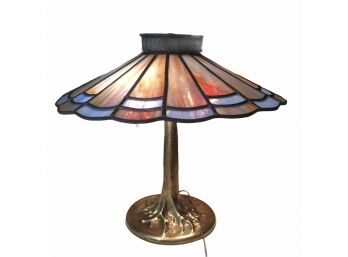 Vintage Hand Made Stained Glass And Brass Table Lamp.