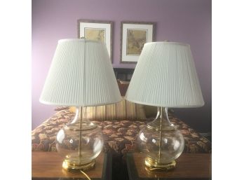 Pair Of Asian Inspired Brass And Heavy Glass Table Lamps.