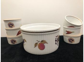 Royal Worcester Evesham Souffle Dish And 6 Ramekins - Never Used