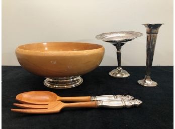 Wood Salad Bowl And Servers With Sterling Trim And Weighted Sterling Vase And Candy Dish