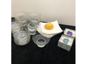 Cocktail Collection - Glass Shrimp Cocktail Bowls, Square White Plates, Beaded Napkin Rings