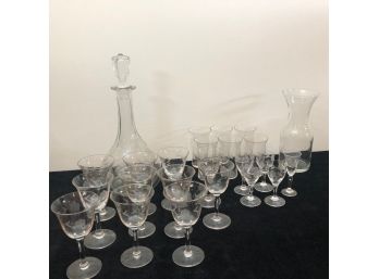 Assortment Of Vintage Etched Glass And Decanter - Simple Floral Design