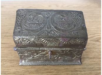 Antique Hinged Brass Jewelry Or Trinket Box With Side Handles. Lined.