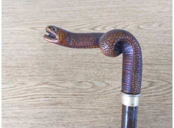 Vintage Wood Walking Cane With Snake Or Serpant Head Handle.