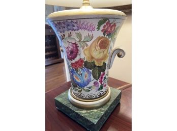 Hand Painted Floral Porcelain Lamp With Square Marble Base