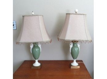 Pair Of Green And Beige Tassel Shade Lamps