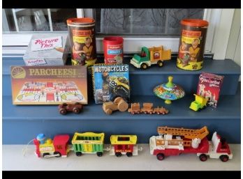 Vintage Toy Lot Of 1960's To 80's Era Fisher Price Toys, Lincoln Logs, Tin Litho Spinner Top, Board Games, Etc