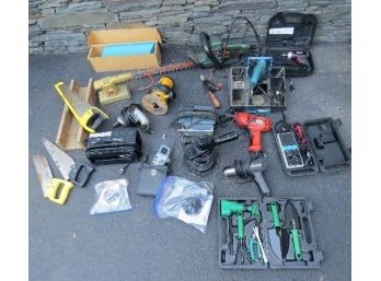 Large Lot Of Power Tools And Hand Tools - Drills, Sanders, Dremel, Mitre Box, Saws, Hedge Trimmer, Air Station