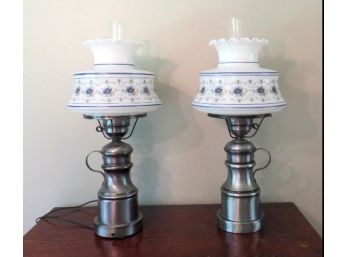 Pair Of Abigail Adams Pewter Night Stand Or Dresser Lamps, Hurricane Style Shades