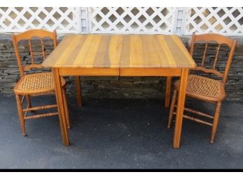 Country Pine 'Butcher Block' Style Table And 2 Caned Chairs - Neat Kitchen Set