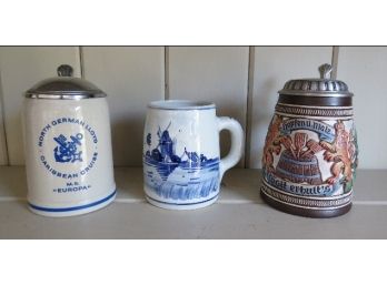 Grouping Of Beer Steins Two German One Holland Delft