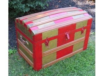 Victorian Era Dome Top Trunk In Colorful Red & Taupe Colors, Original Lithograph Decal Inside Lid