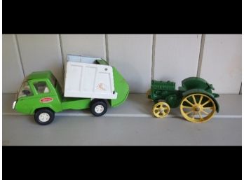 Pairing Of Child's Metal Toys 1970's  Tonka Garbage Truck And John Deere Tractor