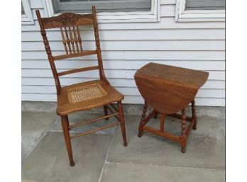 Press Back Oak Caned Chair With Small Mid-century Batwing Drop Leaf Table