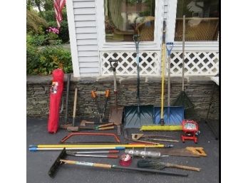 Large Lot Of Yard & Garage Tools, Snow Shovels, Rakes, Painting Poles, Halogen Light, Loppers, Axes,  Sledges