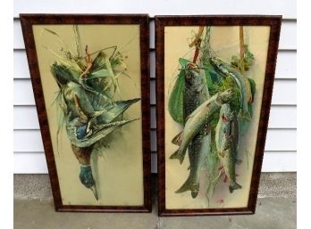 Pairing Of Victorian Embossed Chromolithograph Game Prints - Mallard Duck And Fresh Rainbow Trout