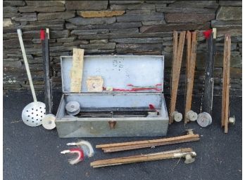 Vintage Wooden Ice Fishing Tip-Ups Lot In Metal Storage Box