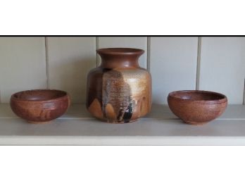 Grouping Of 3 Pieces Of Studio Art Pottery - 2 Bowls & Vase Earthy Colors Quite Attractive