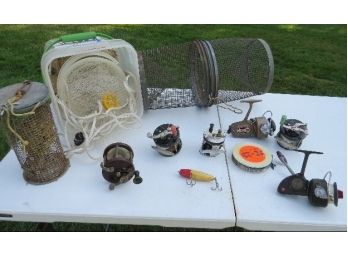 Nice Lot Of Older Collectible Fishing Reels - Penn, Daiwa, Great Lake, Plus Bait Traps, Nets, Minnow Trap Etc.