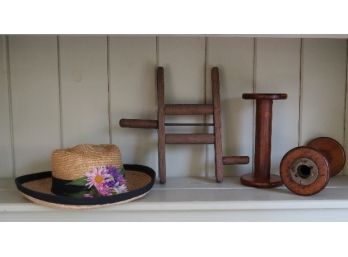 Country Lot Of Antique Loom Spools And Yarn Or Wool Winder, And Don't Forget The Hat!