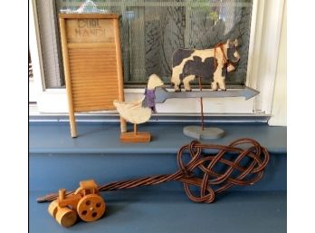 Country Dairy & Farm Style Decorating Lot - Early Washboard, Rattan Rug Beater, Folk Art Cow & More