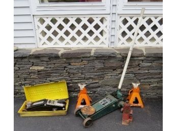 Lot Of 2 Automobile Floor Jacks & Two Jack Stands Plus A Bottle Jack