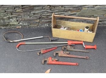 Plumber's Lot Including Tool Box, Pipe Wrenches By Rigid And Sears, 3 Different Snakes, Pipe Wrap, Pipe Dope