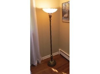 Art Nouveau To Deco Era Bronzed Torchiere Lamp W/original Two Tone Vertical Line Shade - In Working Condition