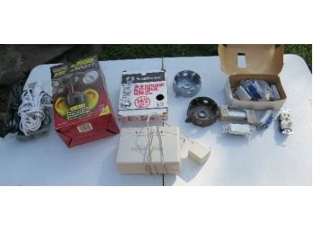 Misc. Electrical Lot - Gang Boxes, Switches, Outlets,  Motion Light, Battery Charger, 14-2 Wire & More