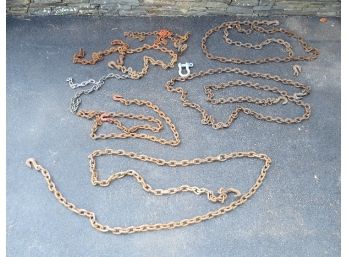 Lot Of Heavy Chains Varying Lengths - Equipment Tie Downs, Towing, Etc.