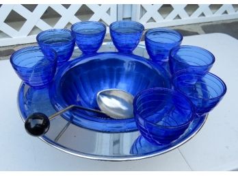 Very Rare Hazel Atlas Art Deco Era Saturn Chrome And Cobalt Blue Punch Bowl Set