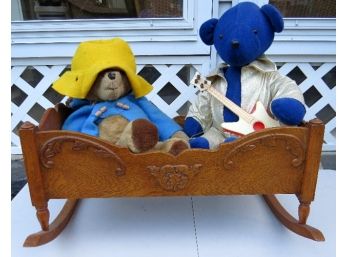 Beautiful Antique Oak Cradle With Vintage Paddington Bear And Companion