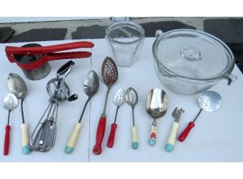 Vintage Lot Of Wooden Handled Kitchen Utensils And Glass Ware