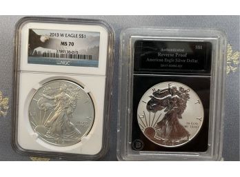 2pc 2013 American Eagle Silver Dollars One NGC Reverse Proof  .999 Silver