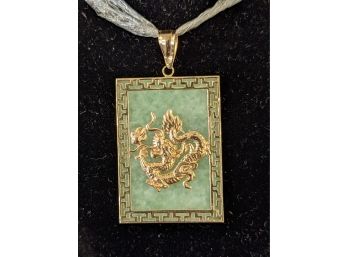 Jade (?) And 14k Yellow Gold Asian Dragon Pendant